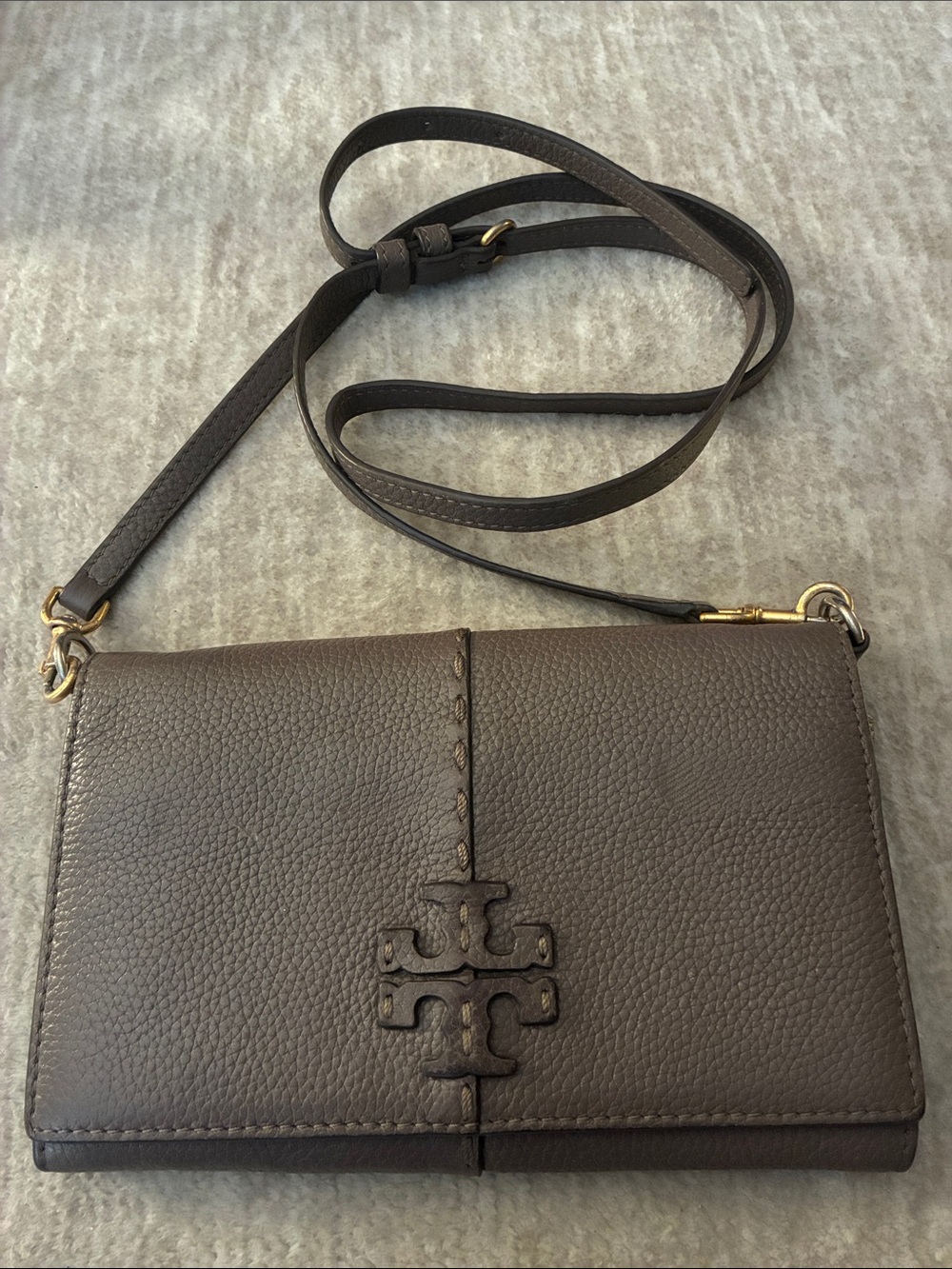 Tory Burch Brown Pebbled Leather Crossbody Wallet